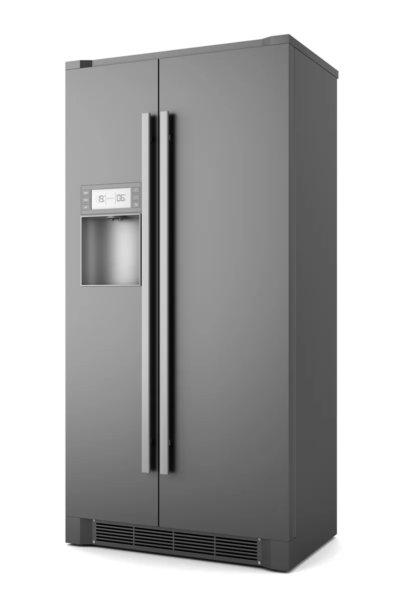 Grauer zweitüriger Kühlschrank mit Wasserspender